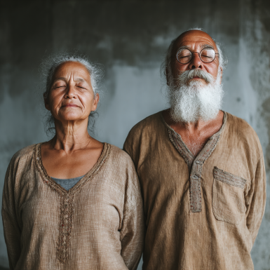 Adultos mayores practicando yoga en ambiente sereno