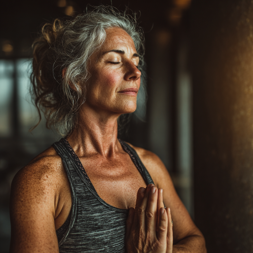 Instructor experimentado guiando clase de yoga para adultos mayores